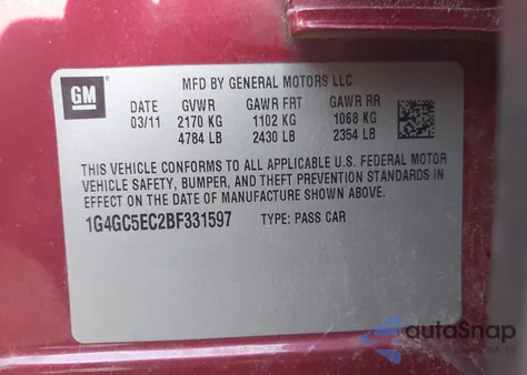 2011 Buick Lacrosse Cxl from USA, damaged, VIN 1G4GC5EC2BF331597